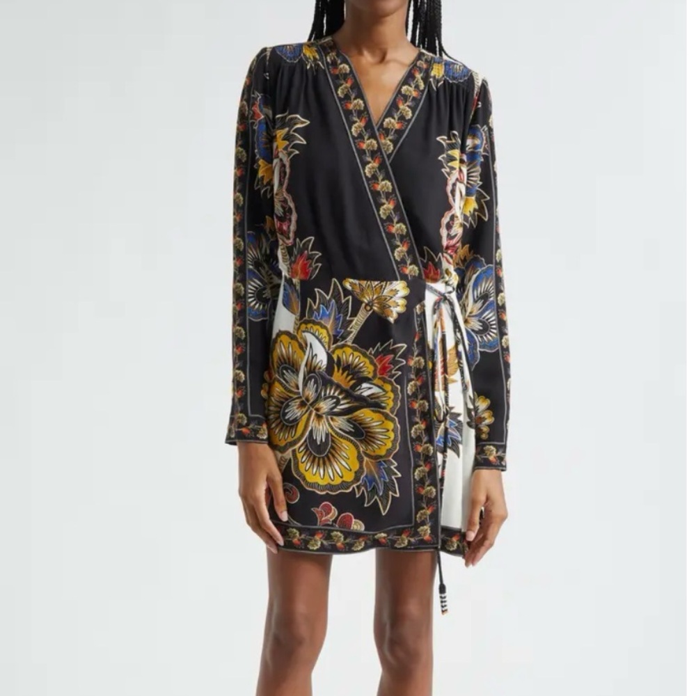 Farm Rio, Floral Border Print Long Sleeve Wrap Minidress, M, Black